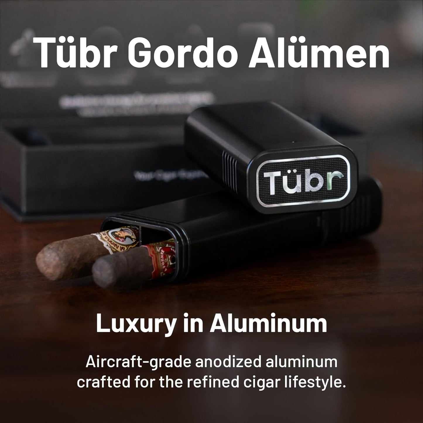 TUBR Gordo Anodized Premium Cigar Case - Airtight, Waterproof, Crush-Resistant Cigar Holder for 2 - Portable, Odor Proof, Aircraft-Grade Container, Carrying Storage Unit for Travel, Business (Raven)