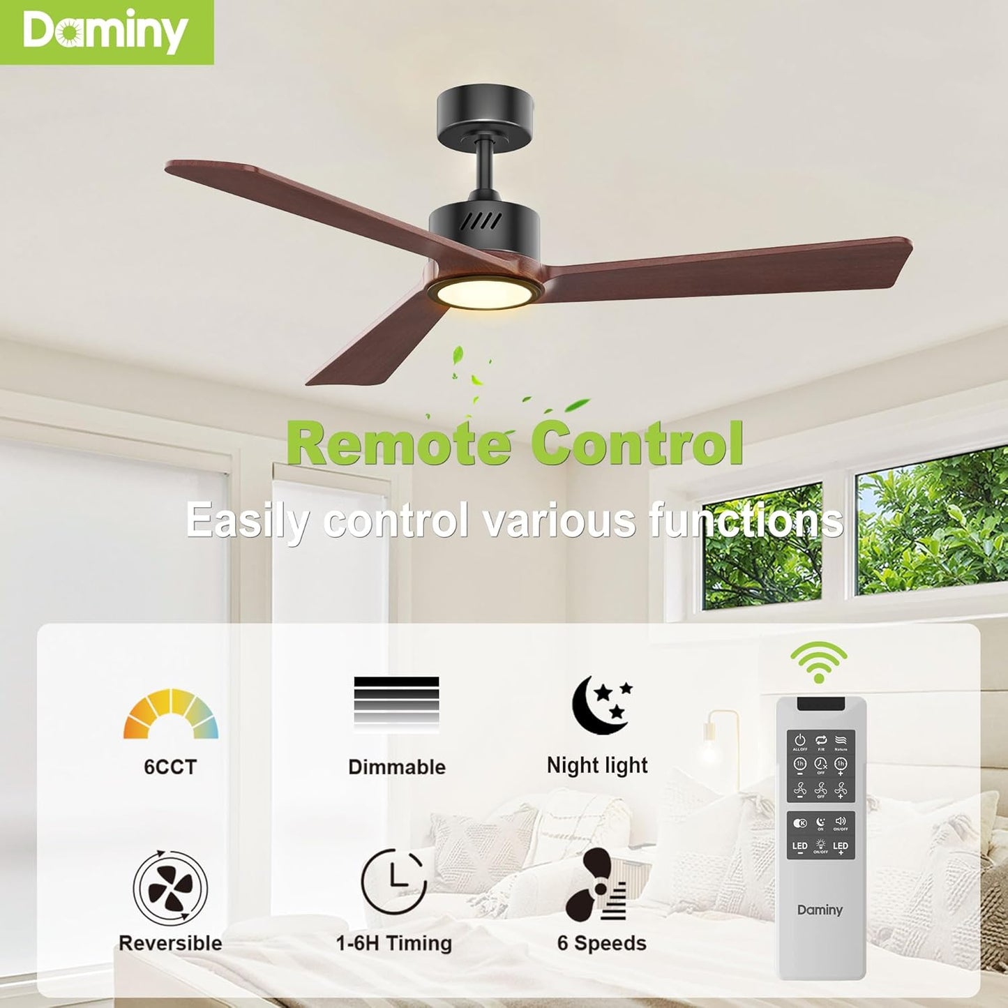 Walnut Wood 52 inch Ceiling Fan with Light, 3 Blade Ceiling Fan with Light, Downrods, 6CCT, Black Low Profile Ceiling F