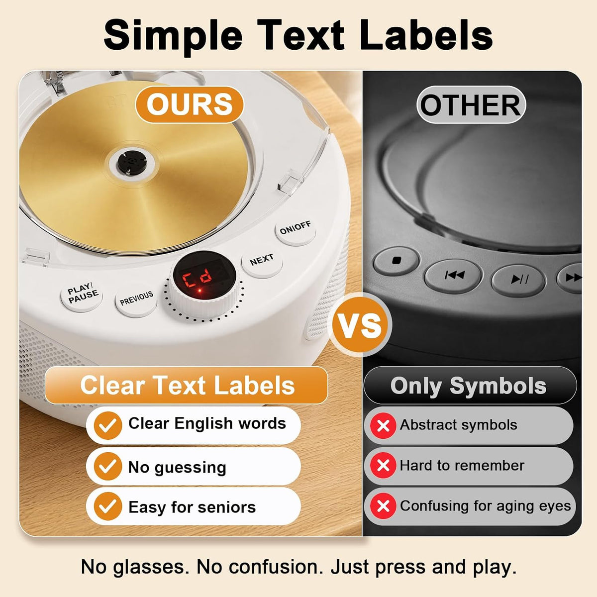 Simple CD Player for Dementia Alzheimer's Seniors, Large Buttons, Auto-Off