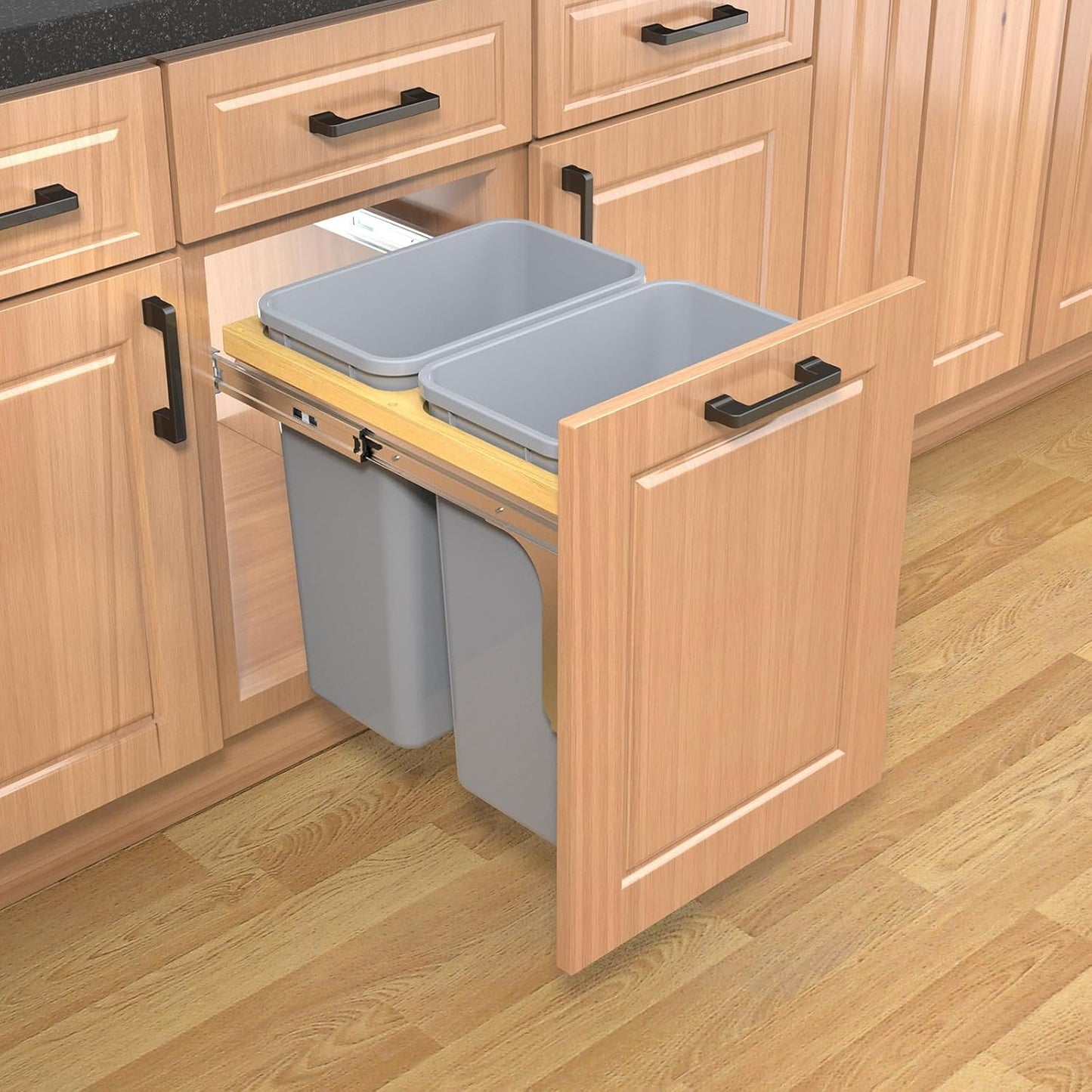 Double Pull Out Under Cabinet Trash Can 35 Qt Garbage Bin for 15' x 1.5' Face Frame, Grey
