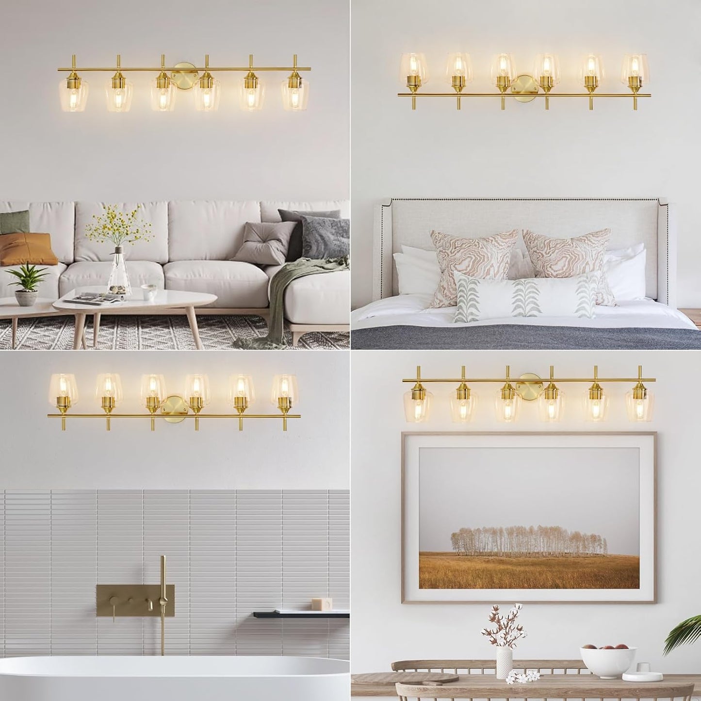 Bathroom Light Fixtures 6 Light Gold Vanity Light with Clear Glass Shade, Brushed Brass Bathroom Lighting Over Mirror,