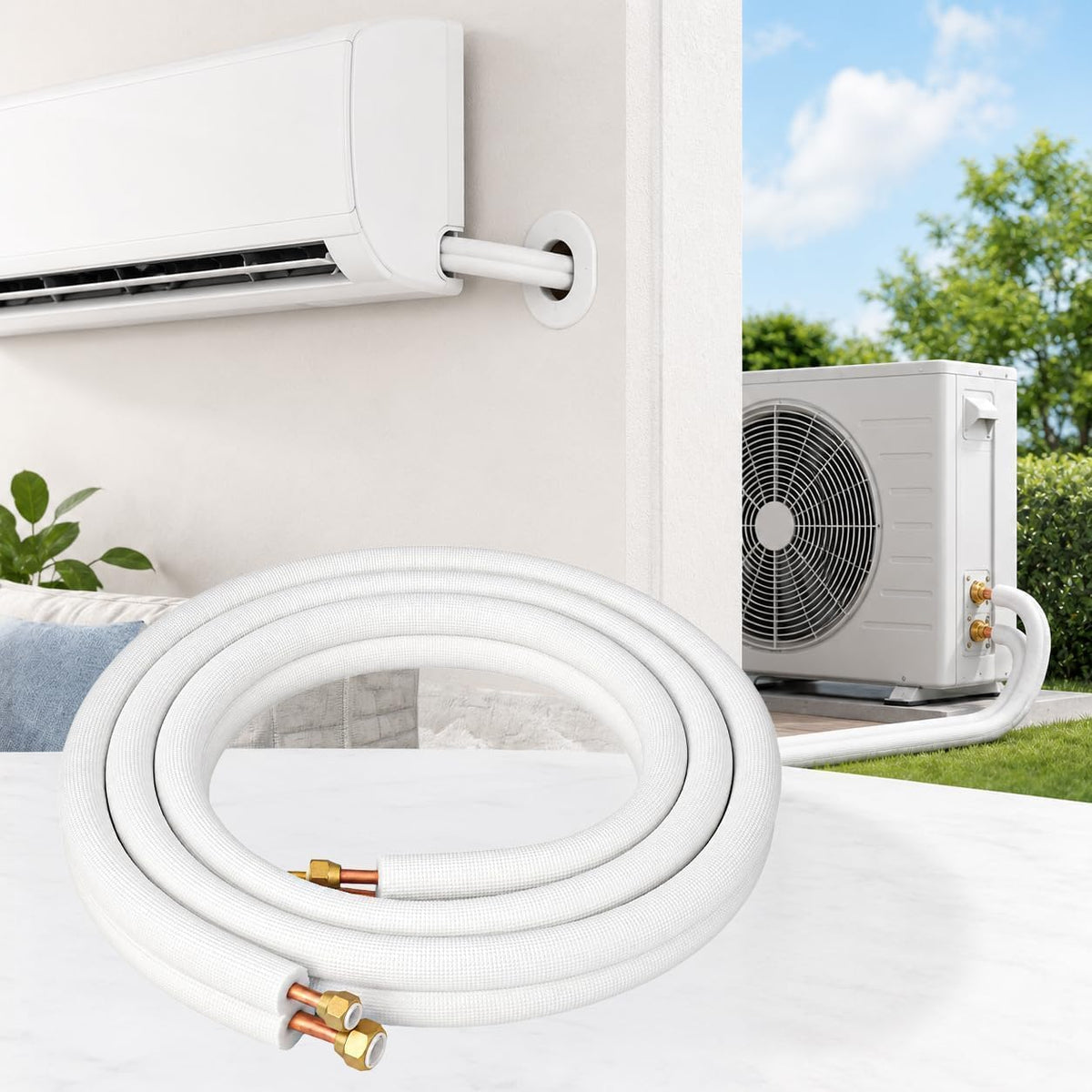 50 Ft Mini Split Line Set, 1/4" & 3/8" OD Flared Copper Tubing Pipes and 3/8" Thickened PE Insulated Coil with Nuts & Kit for Mini Split Air Conditioner & Heat Pump System