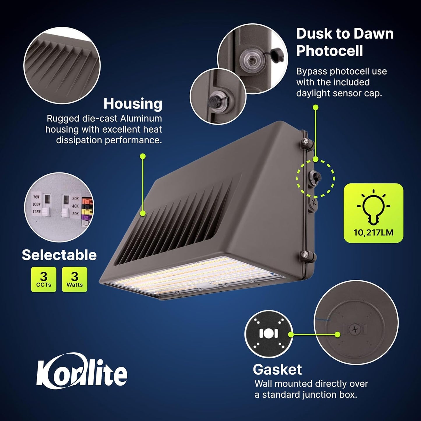 Konlite - 125W/105W/76W Full-Cutoff LED Wall Pack, Wall LED Lights, Wattage & CCT (50K/40K/30K) Selectable, LED Wall Light, Energy Efficient,