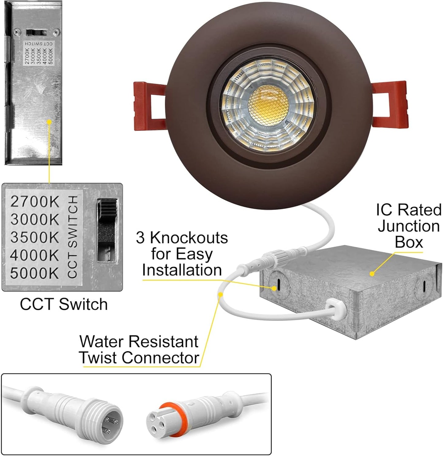 NUWATT 3 Inch LED Gimbal Recessed Downlight, 4 Pack, Canless All-in-1 LED Light with 5 CCT Color Switch 2700K - 5000K, 8W, 600 Lumens, 120V,