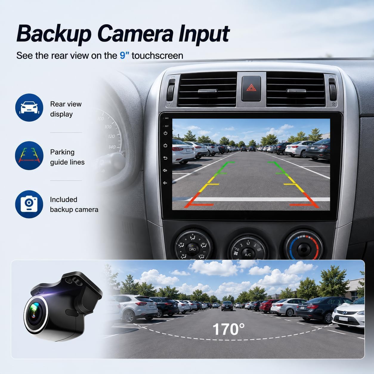Car Radio Stereo for Toyota Corolla 2009-2013, Wireless CarPlay | 9" IPS Touchscreen Dash Upgrade, Mirror Link, Bluetooth, FM radio, SWC, dual USB, 1080P rear camera