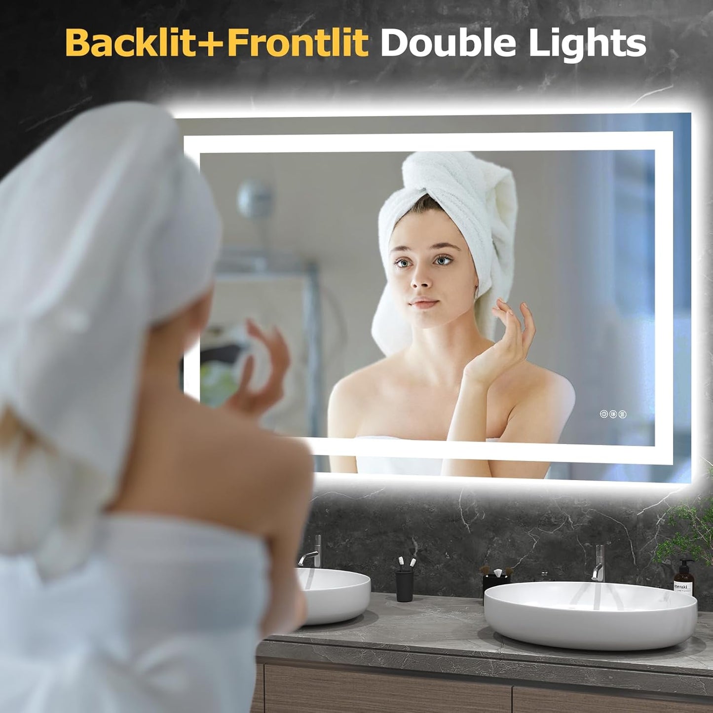 LED Bathroom Mirror with Lights 48'x 32' Wall Vanity LED Mirror Stepless Dimmable,Double Front and Backlight