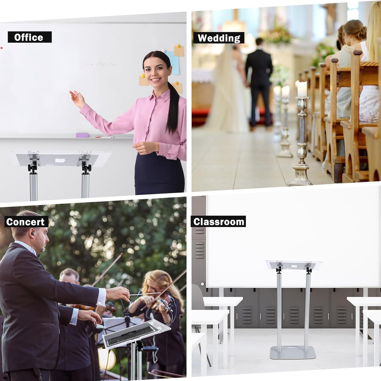 Kigley Acrylic Podium Stand Clear Podium Lectern 43.3&#39;&#39; Tall Floor Standing Speaking Podium with Adjustable Angle 30-90 Slanted Top Silver