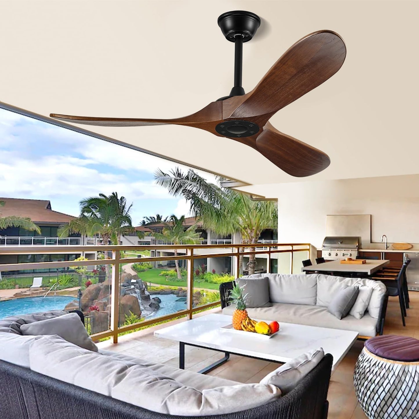 Outdoor Ceiling Fans Without Lights. 52 INCH, 3 Blades Wood Ceiling Fan with No Light by Remote Control Waterproof for Indoor Outdoor,Black Walnut