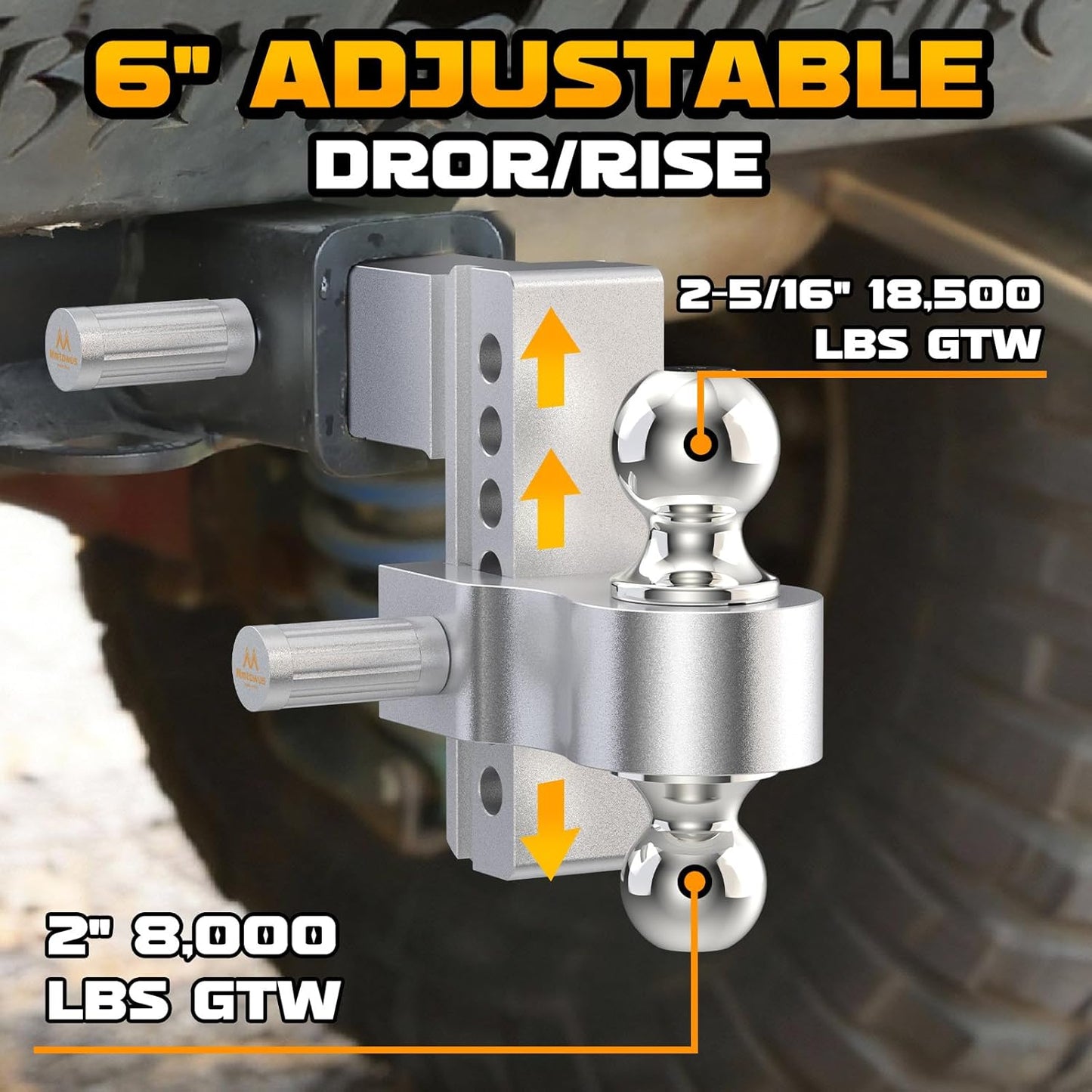 Adjustable Trailer Hitch -Drop Hitch 2.5 Inch Receiver, Aluminum Tow Hitch with 6" Drop/Rise, Dual Ball Mount (2" & 2-5/16") Ball Hitches for Truck, Weatherproof 2X Anti-Theft Hitch Pin Locks
