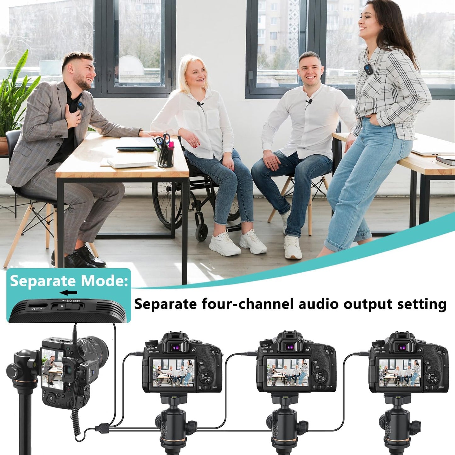 4-Channel Wireless Lavalier Microphone Set of 4, Blink500T4 Lapel Interview Microphone System 328ft Range. (Camera not included)