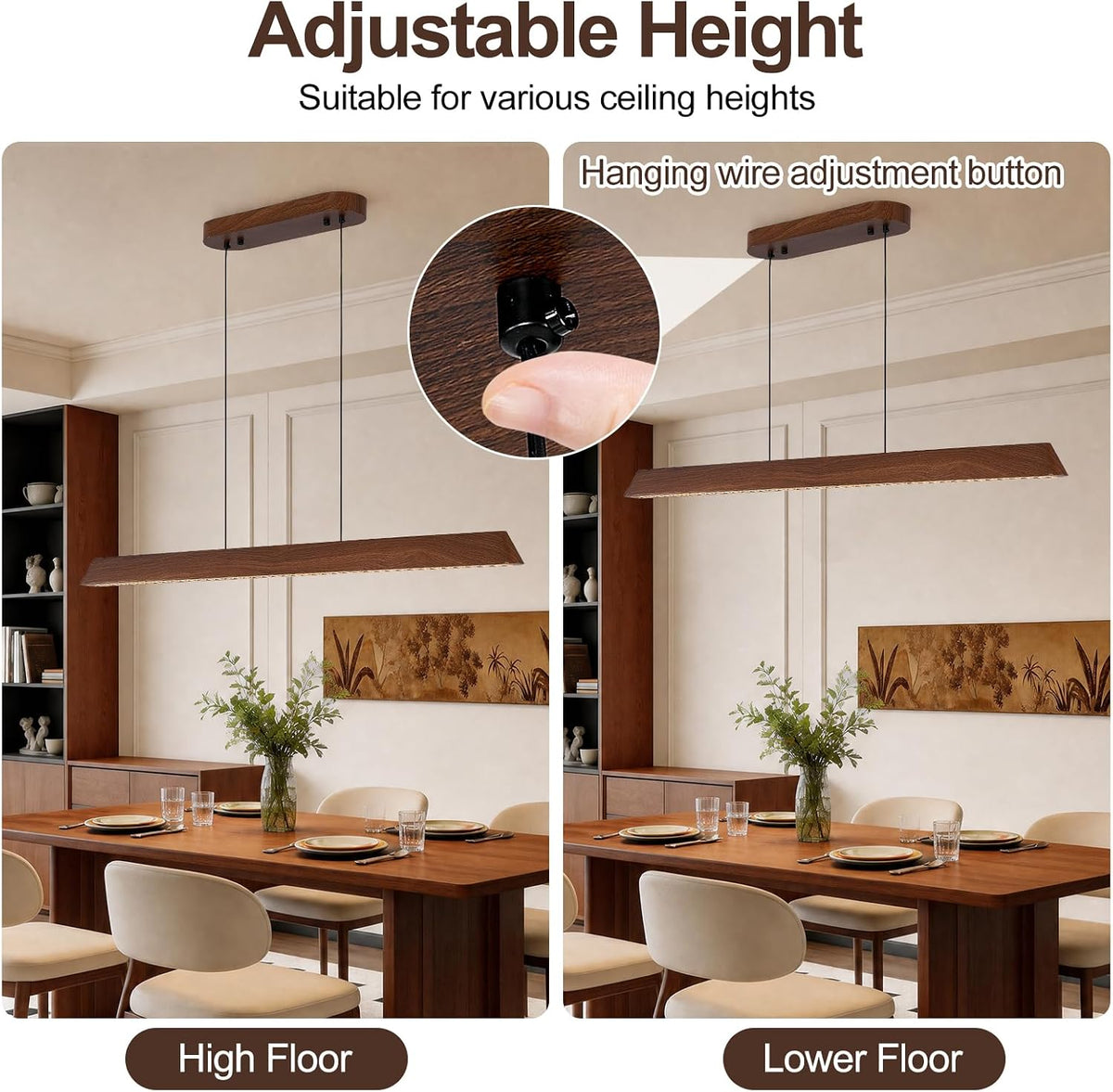 Dining Table Linear Island Light: Remote Control Iron Kitchen Chandeliers Iron with Walnut Wood-Look Finish