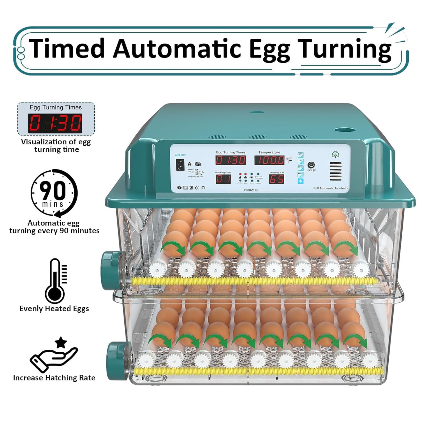 Incubators for Hatching 120 Eggs, Egg Incubator with Automatic Egg Turning and Humidity Monitor, Temperature Control, 5 Automatic Incubation Modes