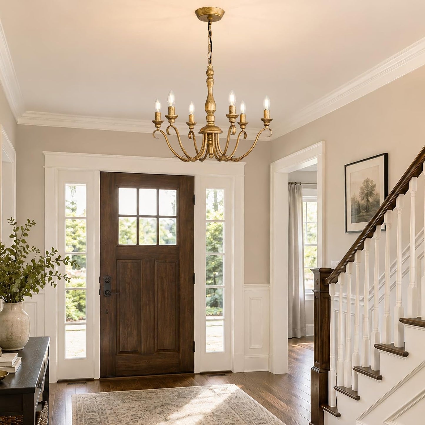 Farmhouse Vintage Antique Brass Chandelier - 6 Light Cottage Rustic Candle Chandeliers - Adjustable Chain Distressed Gold Pendant Lighting Fixture for Dining Room Living Room Kitchen Bedroom Entryway