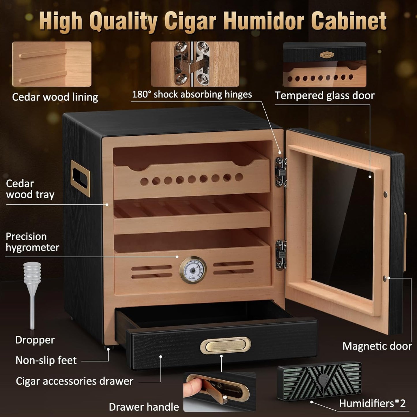 COOL KNIGHT Cigar Humidor Cabinet, Cigar Cabinet Humidor with Spanish Cedar Wood Drawer, Precision Hygrometer, 2 Humidifiers and Cigar Accessories