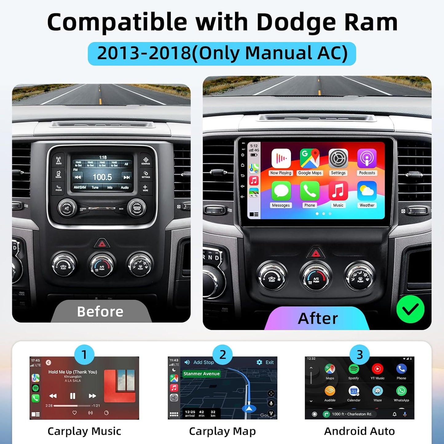 Car Stereo for Dodge RAM 1500 2500 3500 2013-2018,2+64G Android 13 Touch Screen Radio with Wireless CarPlay Android Auto Backup Camera(Only fit Manual AC)