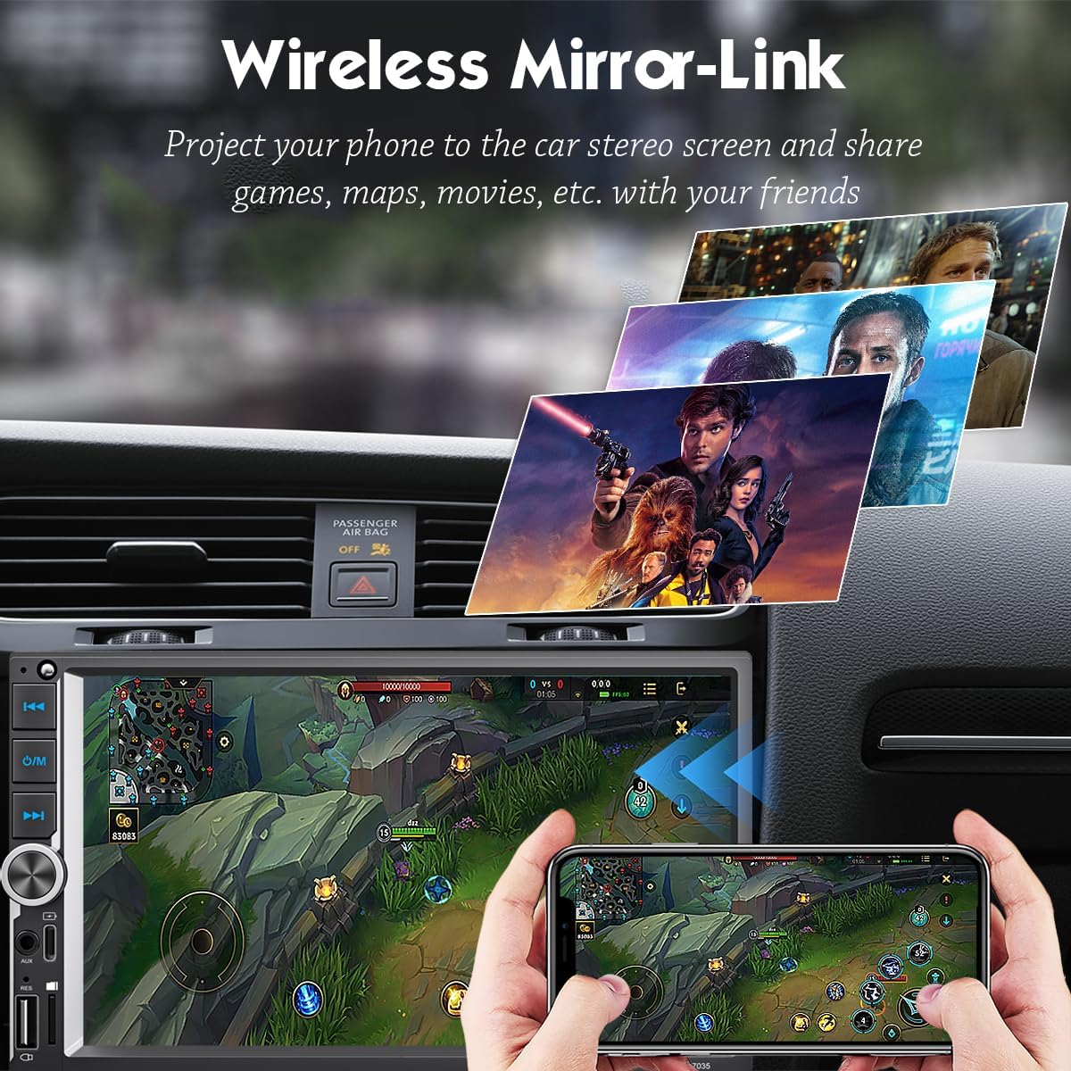 6.9 Inch Car Stereo with Wireless Apple CarPlay & Android Auto, Wireless AirPlay Mirror Link, Double Din Radio with 1024*600 Toucscreen, AM/FM RDS, Bluetooth, Type-C/USB/TF/AUX, 12-LED Backup Camera
