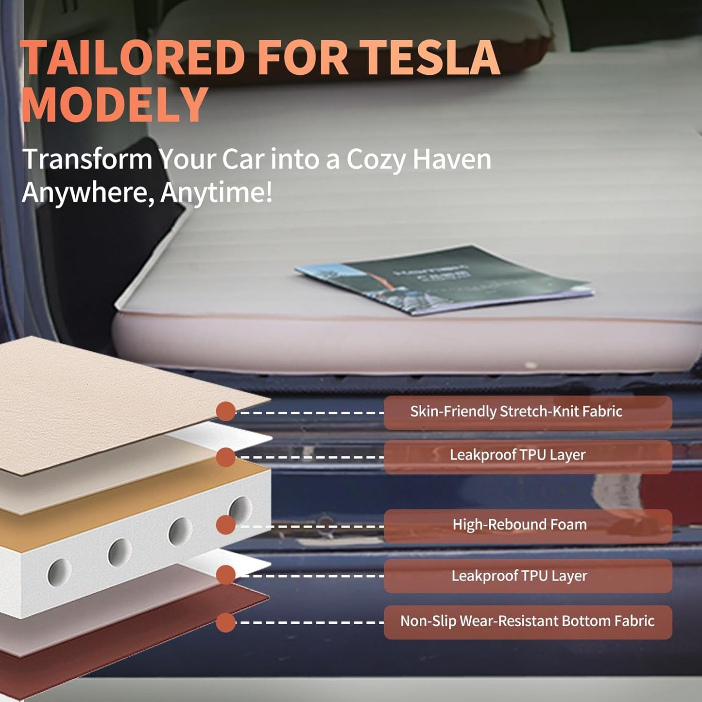 Air Mattress for Tesla Model Y, Self-Inflating & Camping Air Mattress with Foam, Portable Flocking Surface Sleeping Pad wit