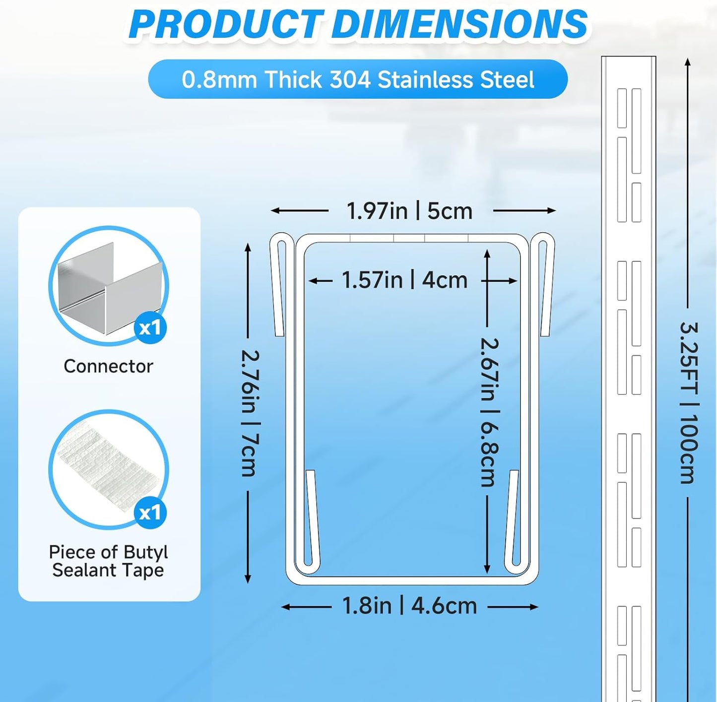 Channel Drain 1.97" W x 3.25 FT L x 2.76" H, 304 Stainless Steel Pool Deck Drain Channel with Connector for Pool Decks, Patios, Courtyards, Walkways and Pavers W1.25"H1.57"-3.3ft