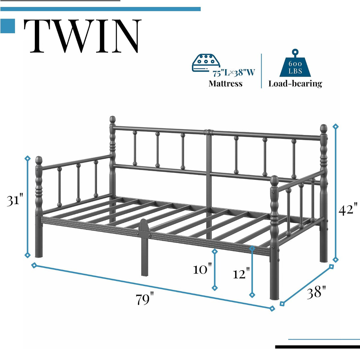 12 Inch Black Vintage Twin Daybed Frame with Sturdy Metal Slats