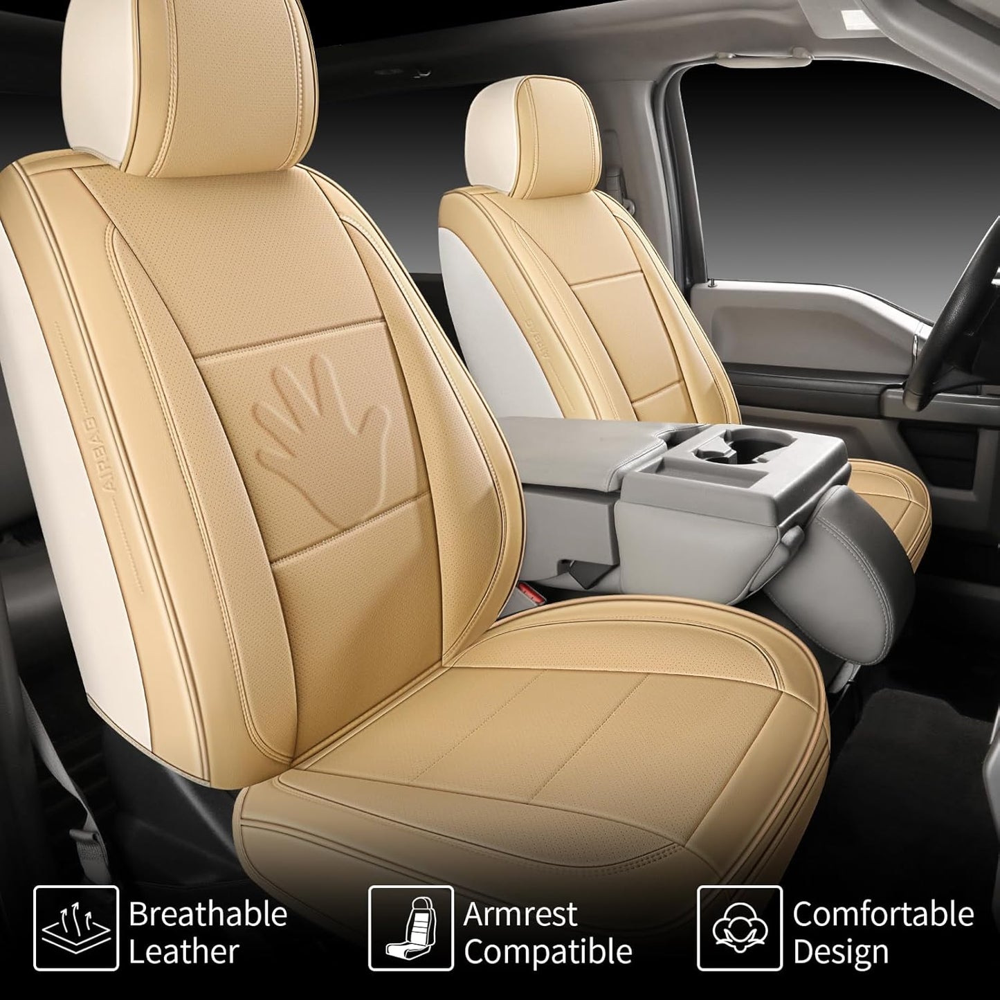 Seat Covers Fit for Chevy Chevrolet Silverado GMC Sierra Custom Fit 2007-2025 2026 1500 2500 3500HD Waterproof Faux Leather Car Seat Cover Full Coverage Car Seat Covers Sets (5 Seats/Beige)