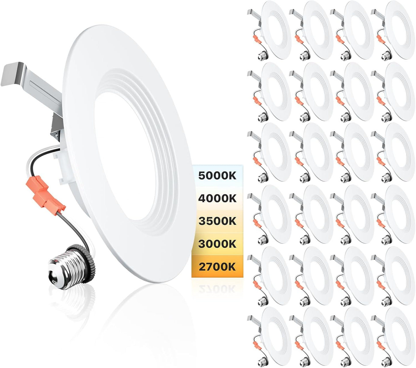 Ensenior 5/6 Inch 5CCT LED Can Lights 24 Pack, Retrofit Led Recessed Lighting, Baffle Trim, Dimmable, 9W=110W, 1000LM, 2700K/3000K/3500K/4000K/5000K