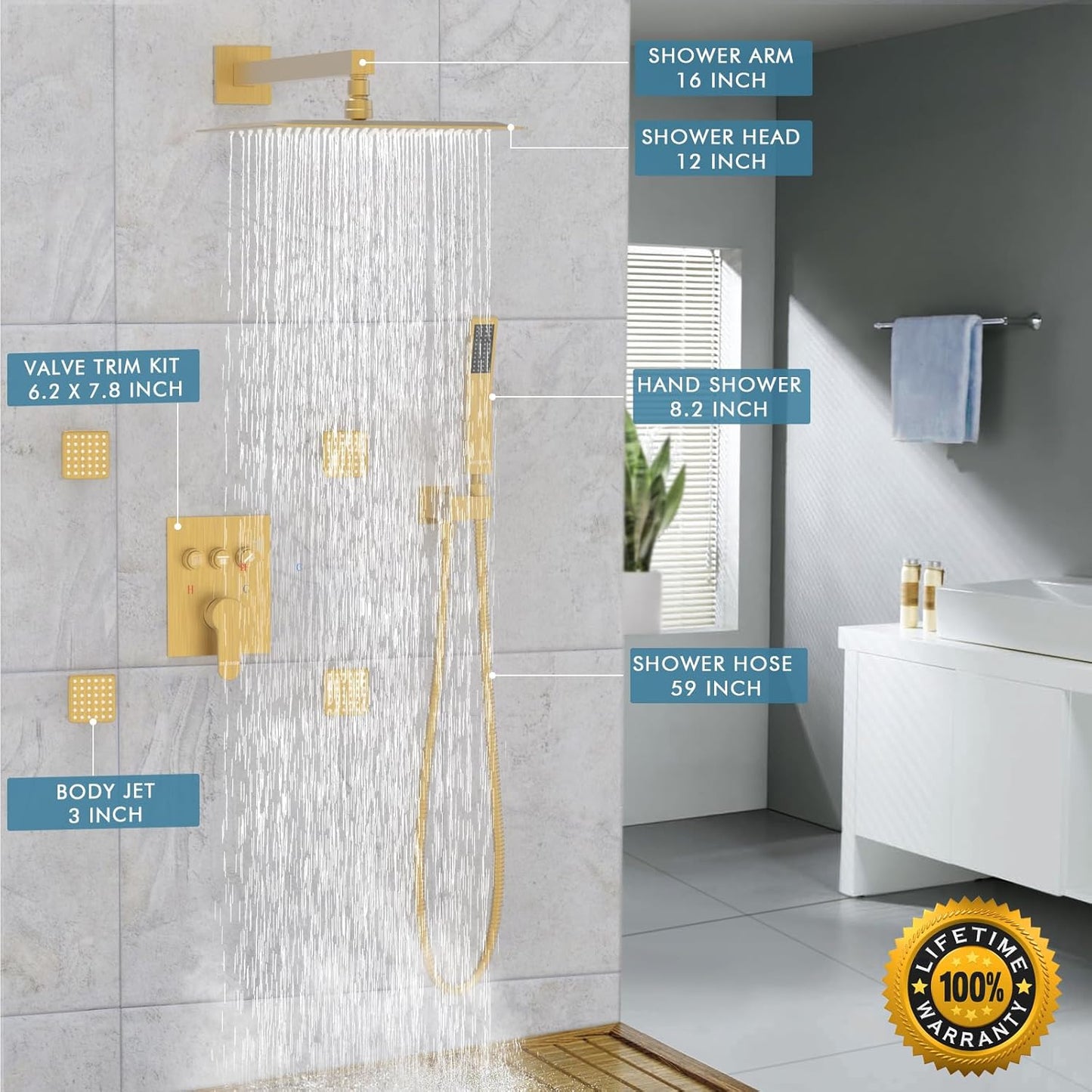 Bostingner Gold Shower System Push Button Shower Faucet Set with Body Spray Jets and Valve 12-inch Rain Shower Head and Handheld Can Use All Function