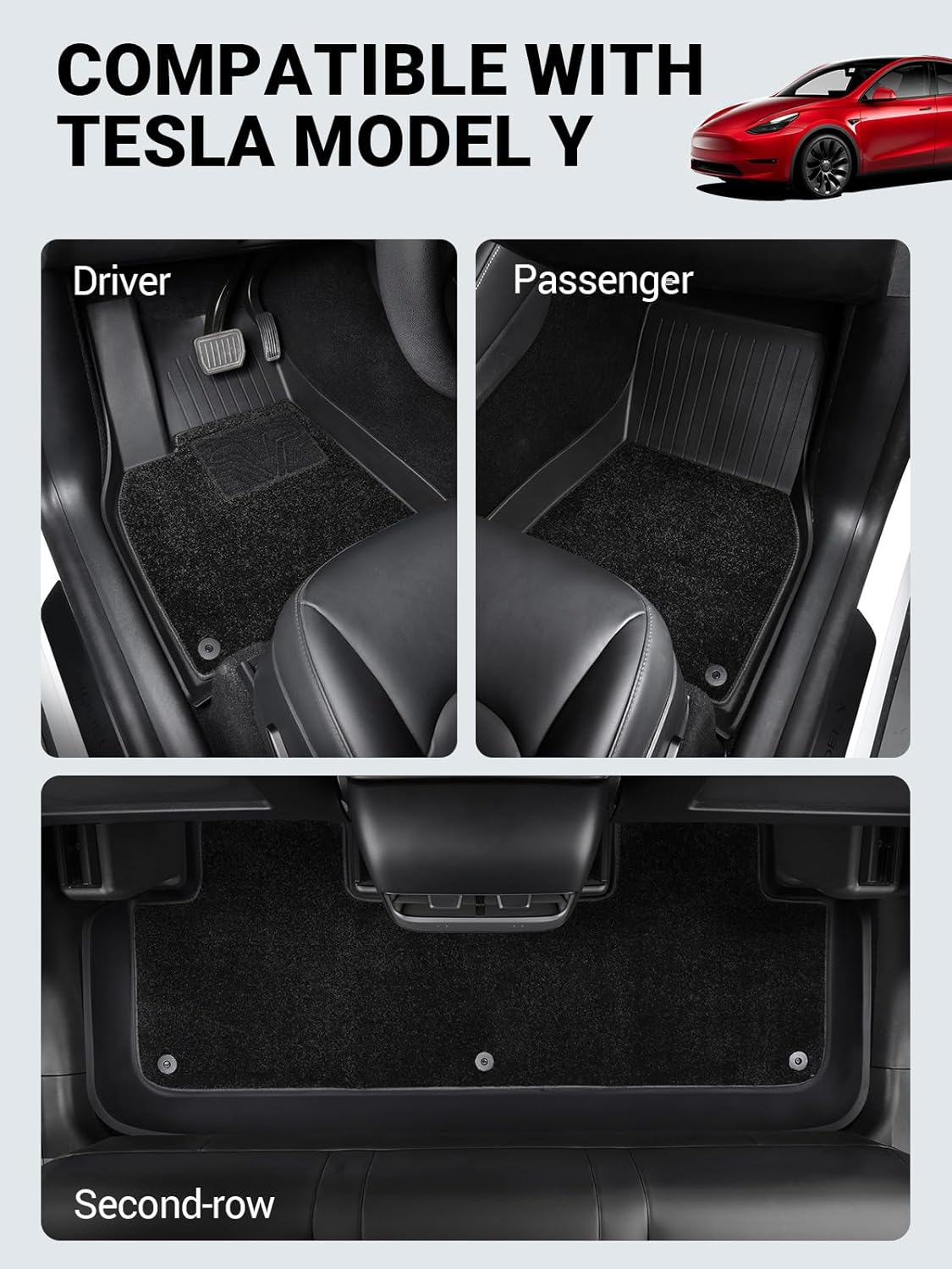 BASENOR Tesla Model Y Floor Mats Set All Weather Waterproof TPE Floor Mat Removable Anti-Slip Carpet Interior Liners Front Rear Cargo Liner Model Y