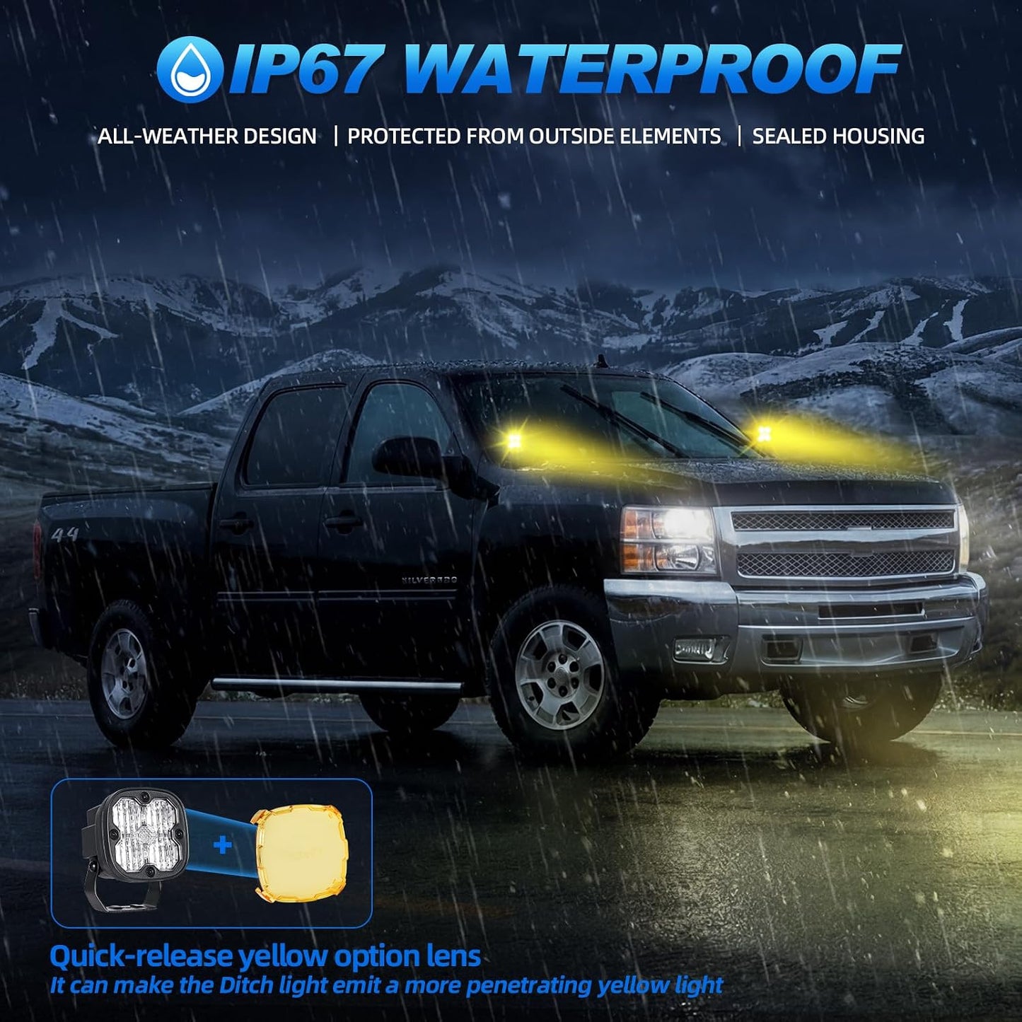 3 Inch LED Ditch Lights for 2007-2014 Silverado Tahoe Suburban Sierra Yukon, with A-Pillar Brackets Wiring Harness Combo Kits, 40W Spot Flood Offroad LED Lights Bar Pods White Yellow Lihgt, Pair B | 2007-2014 Silverado Sierra