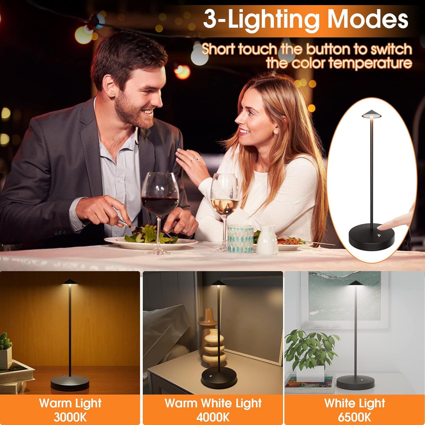 GADTOM LED Touch Cordless Table Lamp 2 Pack,Rechargeable Portable 5200mAh Battery Operated Table Lamp,3-Levels Brightness Dimmable Desk Lamps for