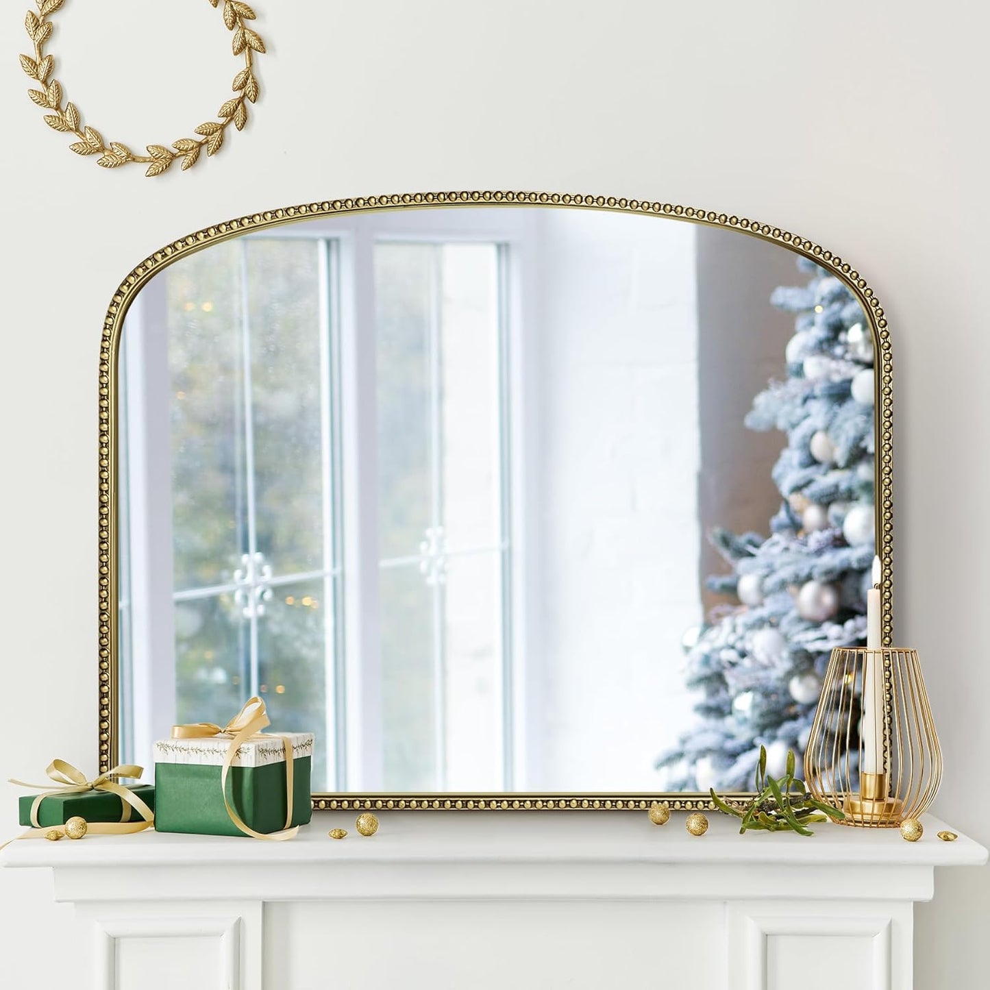 36'X28' Arched Mirror, Metal Beaded Frame Mirror for Wall