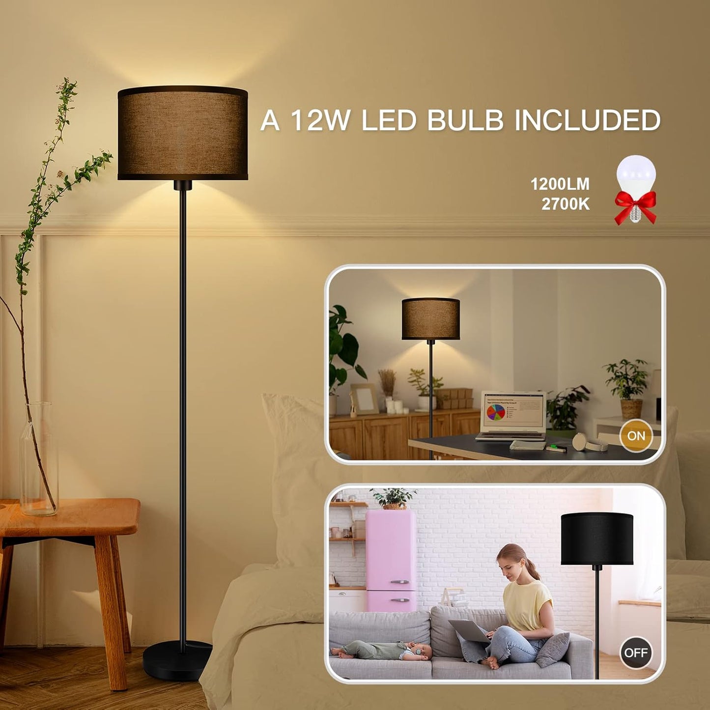 Floor Lamps for Living Room, Modern Standing Lamp with Bulb(12W, 2700K), Black Lamp Shades, Foot Switch, Simple Pole Lamps Corner Lamp for