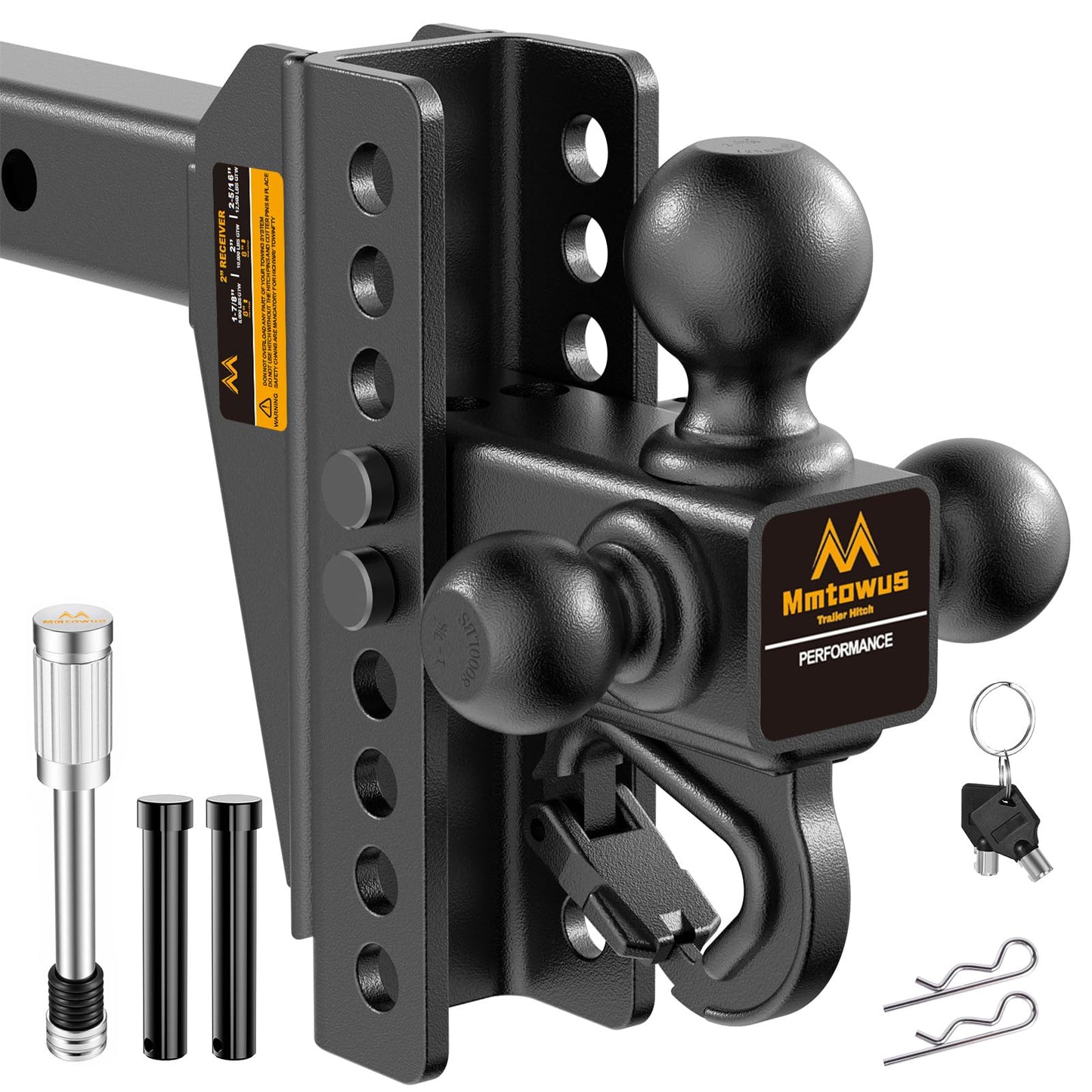 Adjustable Trailer Hitch - Drop Hitch Fit 2" Receiver -8" Drop/Rise | Tri Ball Mount with Hook (1-7/8'', 2'' & 2-5/16''), 12,500 LBS GTW Tow Hitch, 3 Ball Hitches for Trucks, RVs, Camper, SUV etc