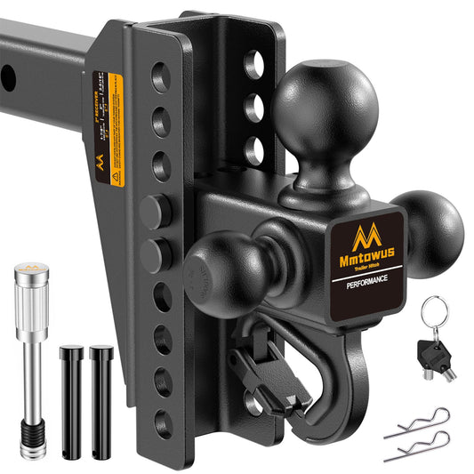 Adjustable Trailer Hitch - Drop Hitch Fit 2" Receiver -8" Drop/Rise | Tri Ball Mount with Hook (1-7/8'', 2'' & 2-5/16''), 12,500 LBS GTW Tow Hitch, 3 Ball Hitches for Trucks, RVs, Camper, SUV etc