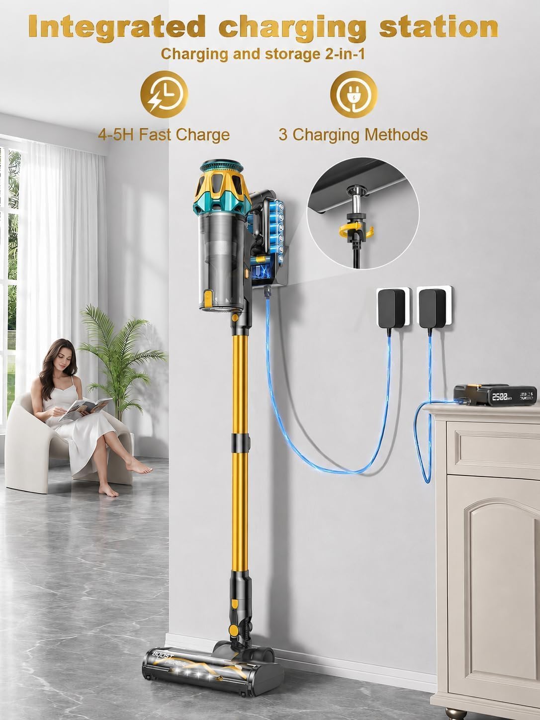Cordless Vacuum Cleaner, 50KPa 45Mins 9-in-1 Self-Standing Stick Vacuum