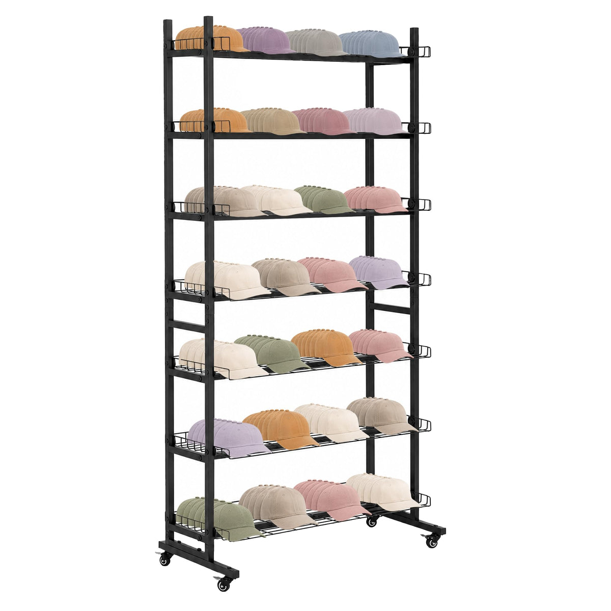 Hat Display Rack 7 Tier with Wheels, Metal Hat Rack Stand Up to 200 Caps