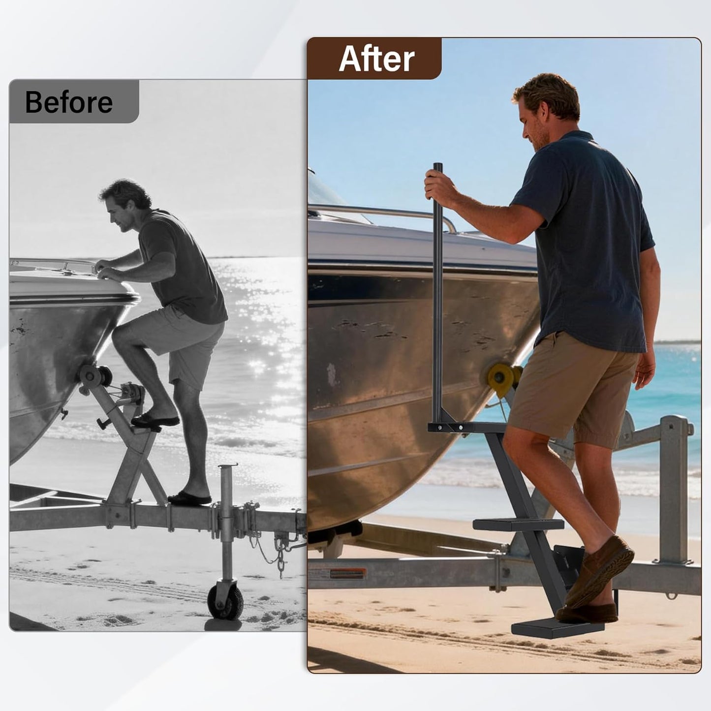 Boat Trailer Steps 3 Step with Anti-Slip Mat & Safety Handrail, Universal Fit Boat Trailer Tongue Steps, Heavy Duty Boat Steps, Easy Installation