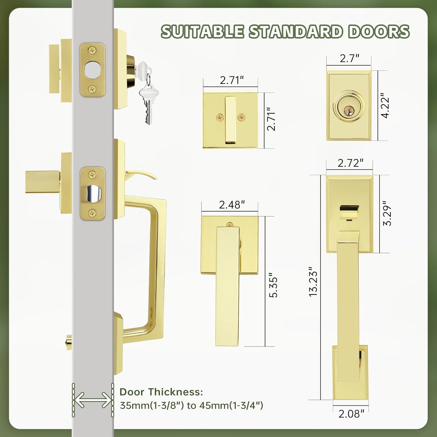 Double Front Door Lock Set, Polished Brass Square Front Door Hardware Set with Dummy