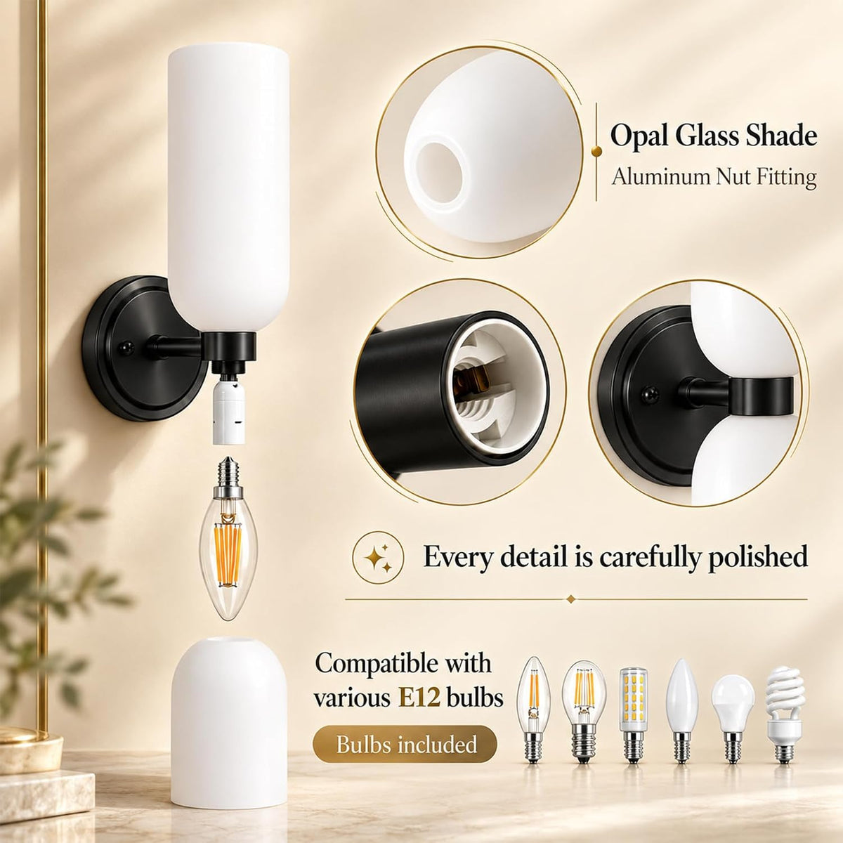 Black Wall Sconces Set of 2 - Frosted Milk Glass Dimmable Light Fixtures