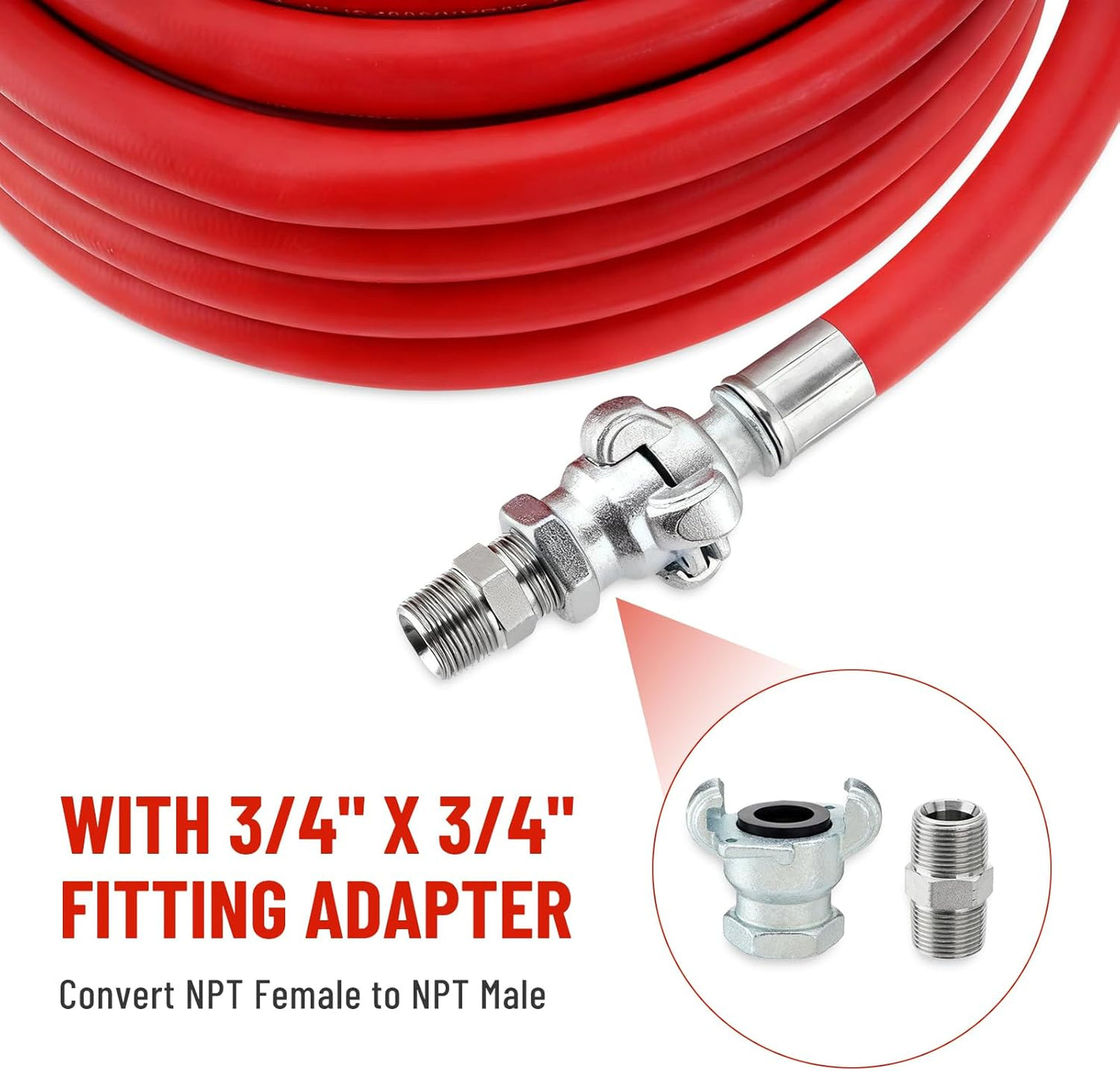 3/4 Inch x 100 FT Red Jackhammer Air Hose with Male NPT Nipple and Female NPT Air Hose Fitting, Air Tools