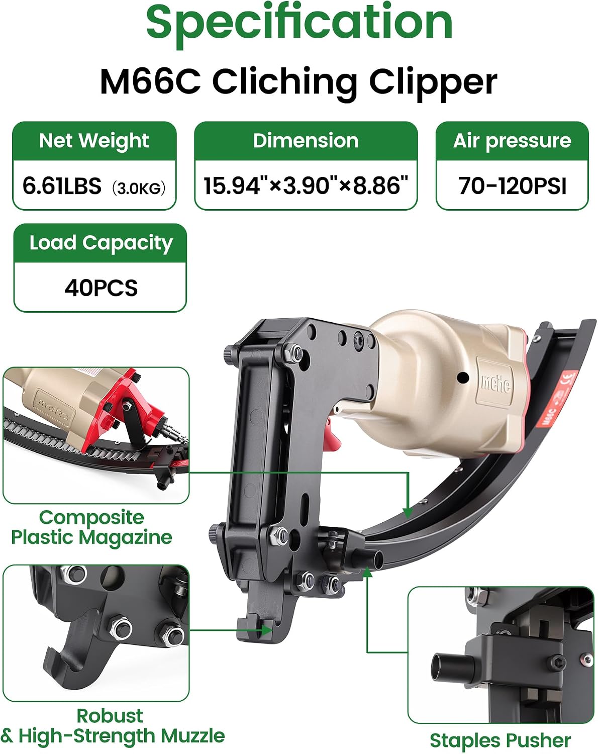 meite M66C Pneumatic Clinching Clipper 3/4 Inch Crown Clinch Clip Gun for Spring Mattress, Car Seats, Wire Cages