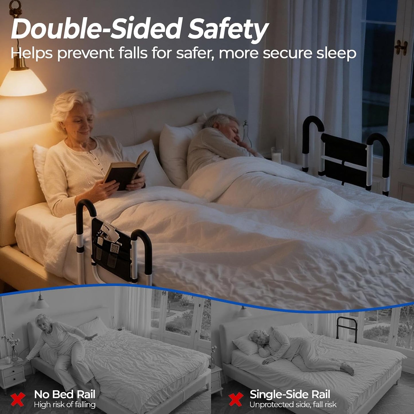 KingPavonini Dual Side Bed Rails for Elderly Adults Safety ASTM-Approved, 2026 Upgrade Ergonomic U-Handles & 4-Bar Anti-Tip Support, 350lb Bed Rails for Seniors with Storage Bag, No-Tools, Model BM10