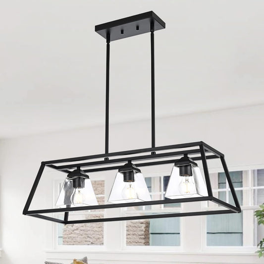 TULUCE Farmhouse Chandelier Lighting,3 Light Clear Glass Shade Vintage Rustic Island Hanging Pendant Light for Dining Room Foyer Kitchen Island,Black