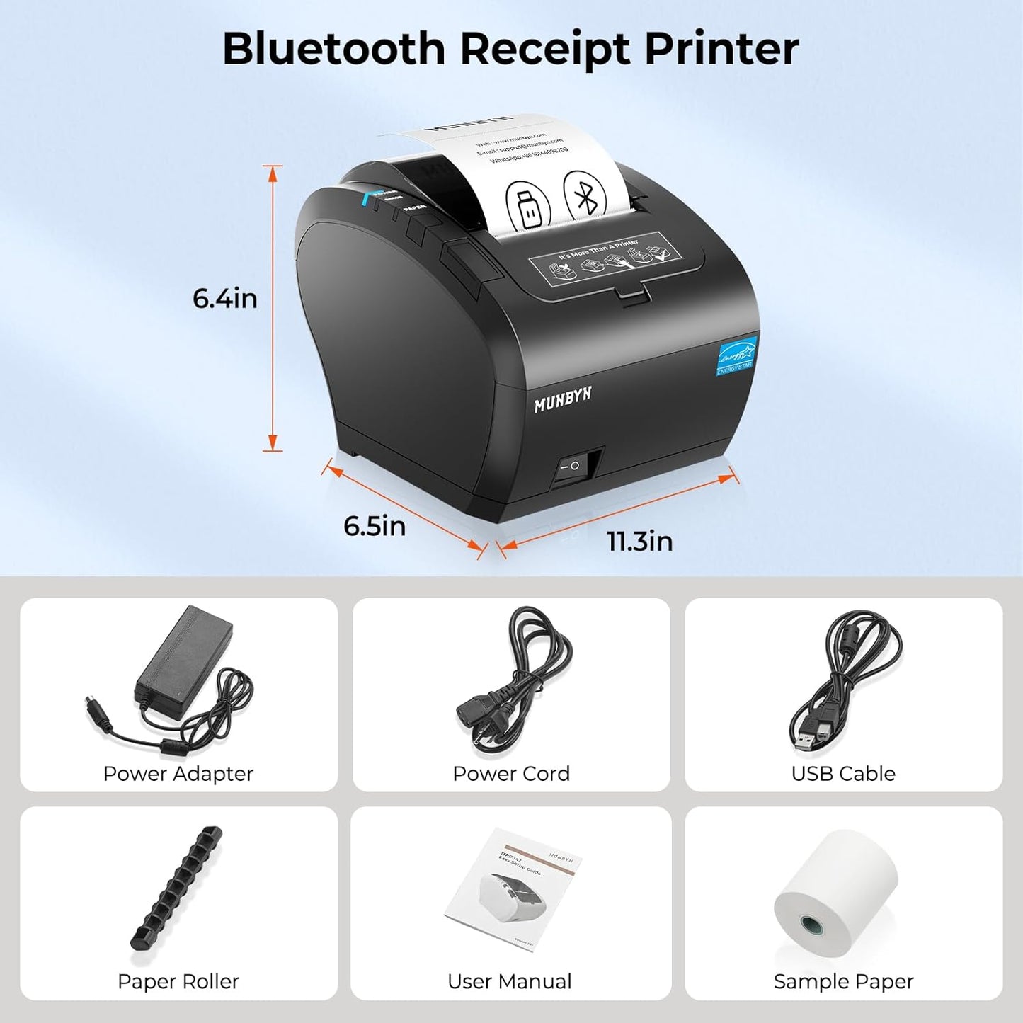 MUNBYN Bluetooth Thermal Receipt Printer P047, 80mm POS Printer, Thermal Printer with USB Serial Ethernet, Bluetooth, Sup