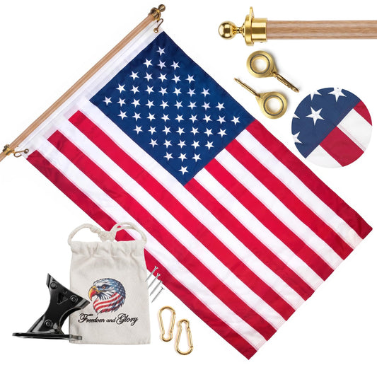 American Flags For Outside Set 3x5 Ft, Premium US Flag Made of 210D Nylon Fabric. Features aviation‑grade aluminum flagpole with wood‑grain finish, embroidered stars and hand‑stitched stripes. Sturdy & durable, fade‑resistant for all‑weather use.
