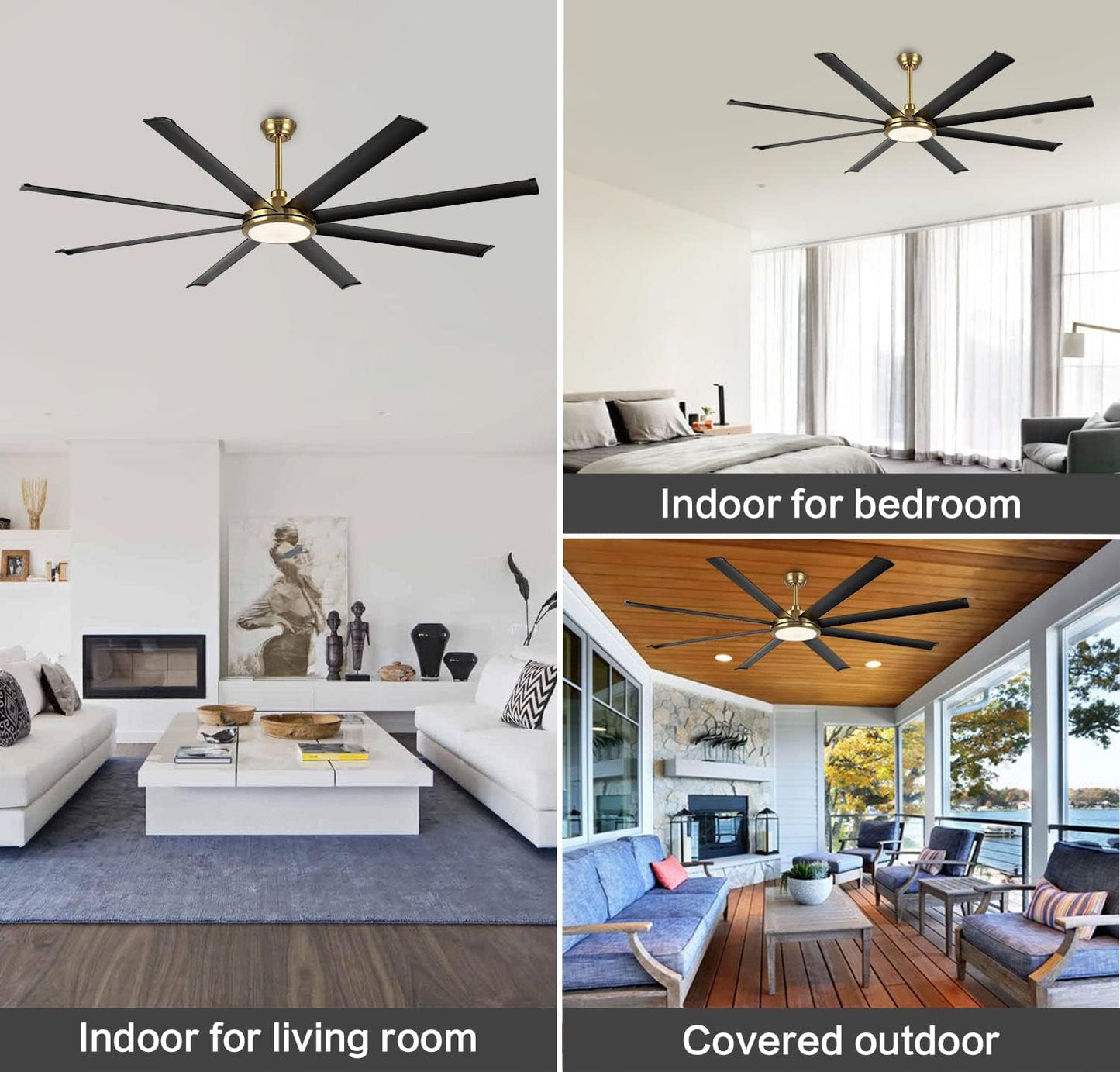 80' Ceiling Fan with Lights and Remote, Brass and Black Ceiling Fan with 3 Downrod, 8 Aluminum Blades, 6-Speed Reversible DC Motor, Industrial Larg