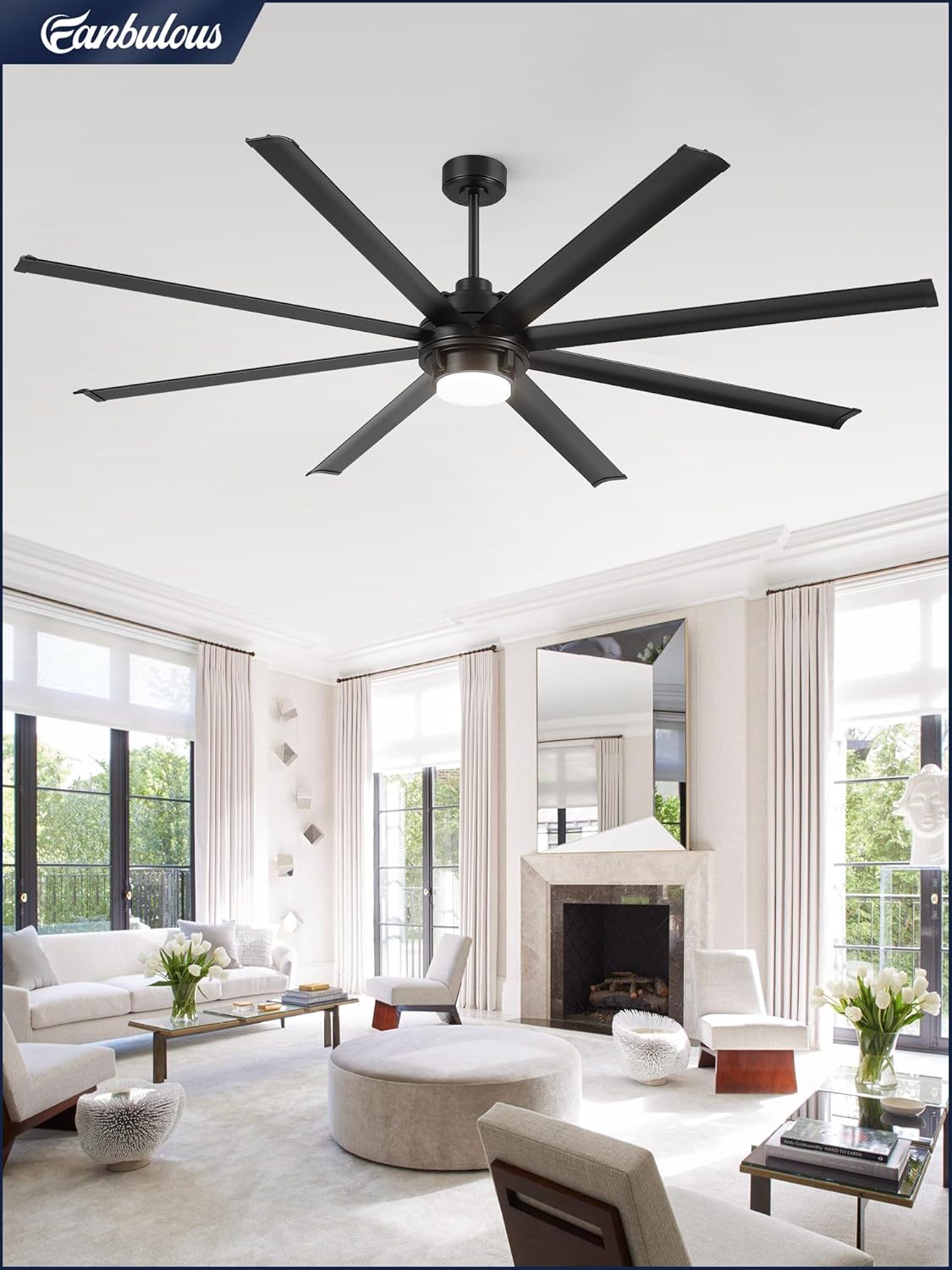 Fanbulous 84 inch Large Ceiling Fan Outdoor Industrial Ceiling Fan with Light and Remote, 6-Speed, 3CCT, 8 Aluminum Blades, Modern Black Big Assed