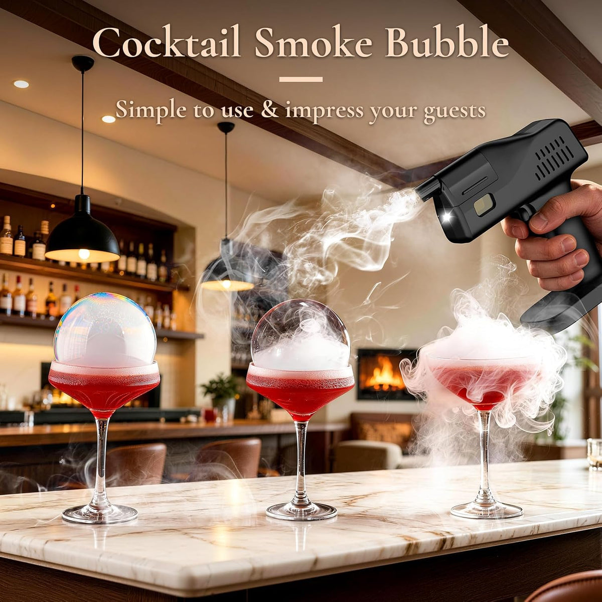 Cocktail Smoke Bubble Gun, Edible Bubbles & 4 Oils, Bartender Gift