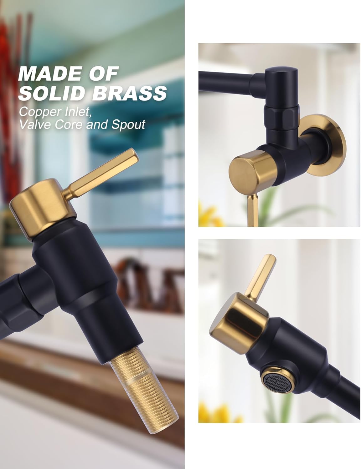 Black and Gold Pot Filler Faucet: ALEASHA Solid Brass Made Heavy Duty Pot Filler, Wall Mount Pot Filler 2 Handles with Double Joint Swing Arms Over