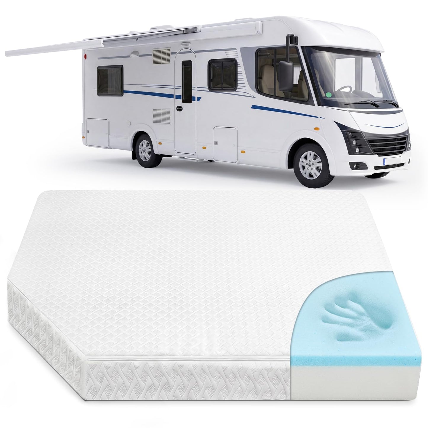 RV Corner Bunk Mattress, 4" Thick Memory Foam, Reversible Dual Comfort Design, Breathable Removable Cover, 51" W x 74" L with 22" Diagonal Corner Cut, for Campers & Trailers