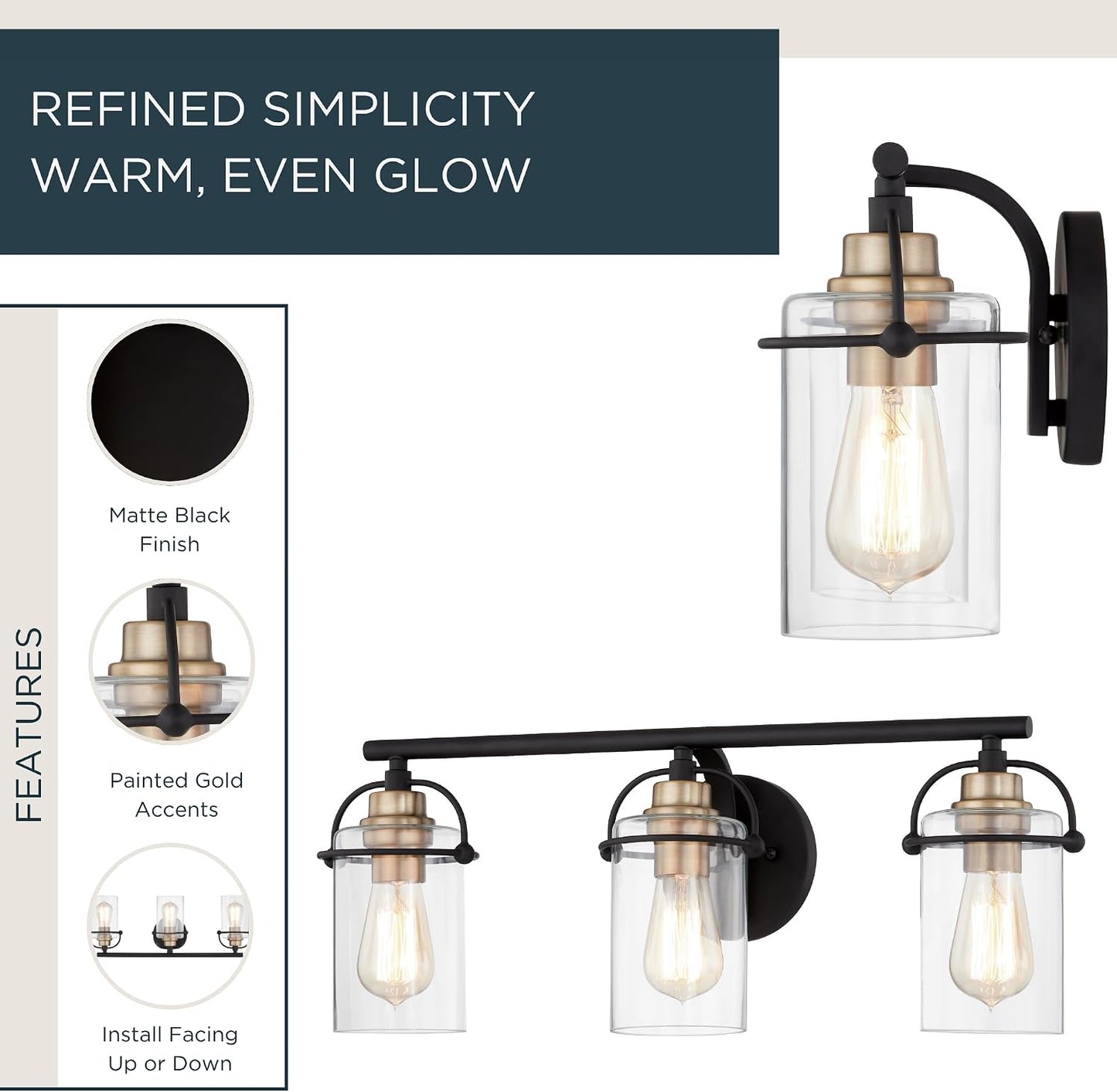 Quoizel Emerson 24" 3-Light Matte Black Vanity Light, Bathroom Lighting Fixture with Clear Glass Shades, Transitional Wall Mount for Over Mirror Matte Black 3-Light
